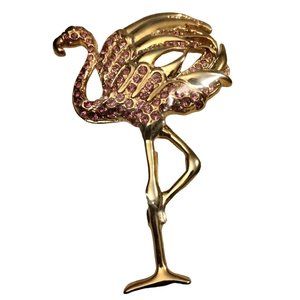 Pink Flamingo Pin Brooch Rhinestone Tropical Statement Coastal Tiki